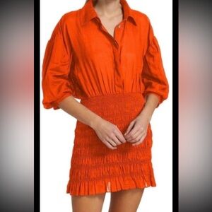 FRAME Smocked Shirt Dress Orange Ramie Puff Sleeve Mini Lightweight